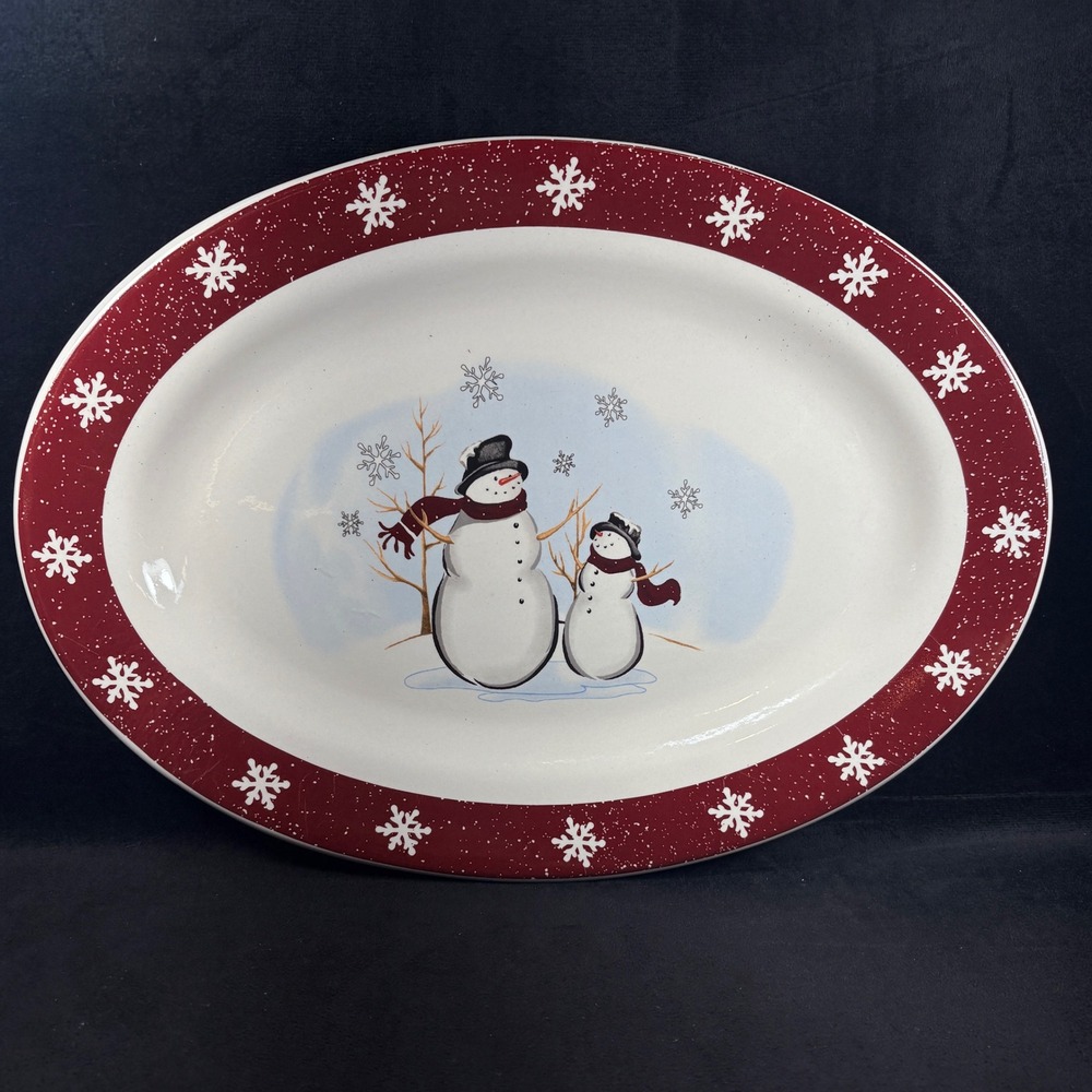 Royal Seasons Stoneware Vintage 14" Oval Platter w/ 2 Snowmen & Snowflake Design